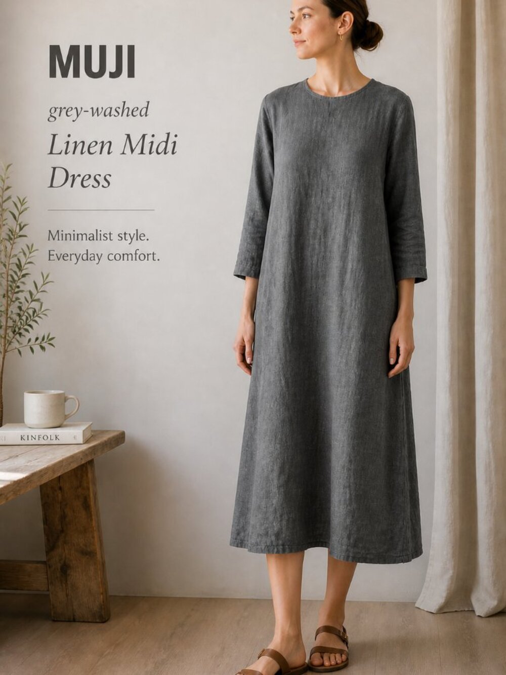 Muji Midi Dress Grey Linen Long Sleeve Relaxed Minimalist SZM Luxe Boho